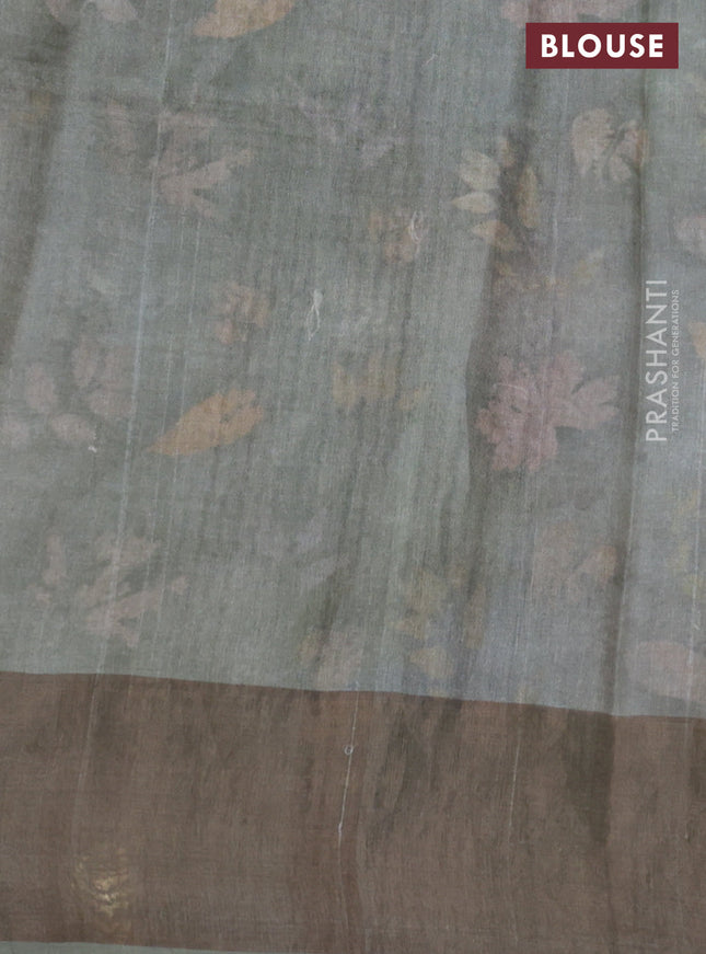 Pure tussar silk saree greyish green with allover floral digital prints and zari woven border