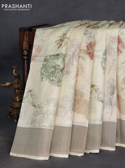 Pure tussar silk saree cream with allover digital prints and zari woven border