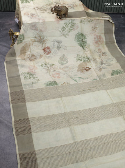 Pure tussar silk saree cream with allover digital prints and zari woven border