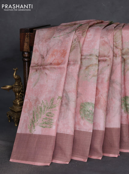 Pure tussar silk saree pastel pink with allover digital prints and zari woven border