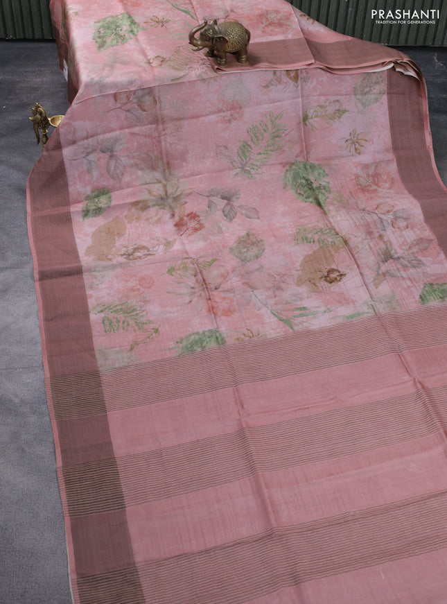 Pure tussar silk saree pastel pink with allover digital prints and zari woven border