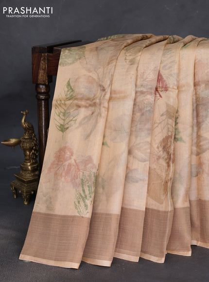 Pure tussar silk saree sandal with allover digital prints and zari woven border