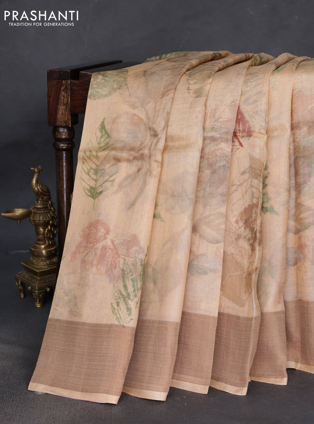 Pure tussar silk saree sandal with allover digital prints and zari woven border