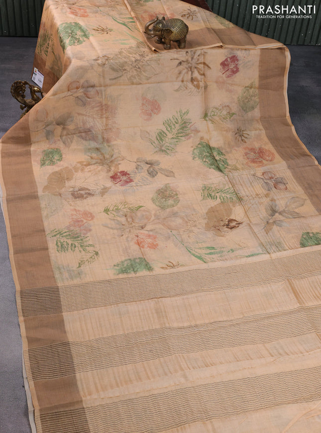 Pure tussar silk saree sandal with allover digital prints and zari woven border