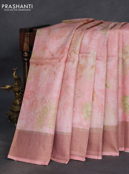 Pure tussar silk saree pastel pink with allover digital prints and zari woven border