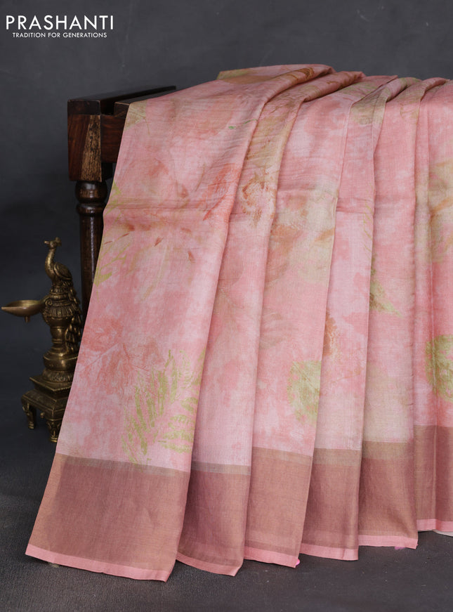 Pure tussar silk saree pastel pink with allover digital prints and zari woven border