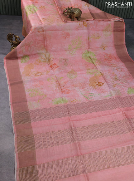 Pure tussar silk saree pastel pink with allover digital prints and zari woven border