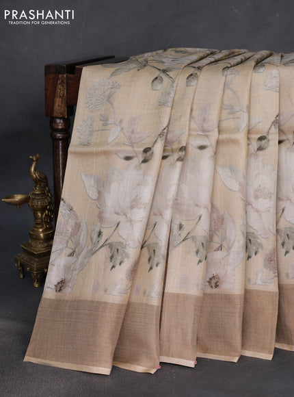 Pure tussar silk saree dark sandal with floral digital prints and zari woven border