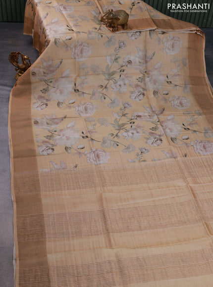 Pure tussar silk saree dark sandal with floral digital prints and zari woven border