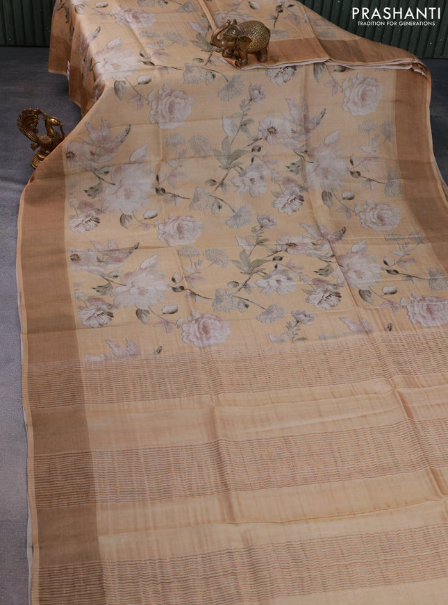 Pure tussar silk saree dark sandal with floral digital prints and zari woven border