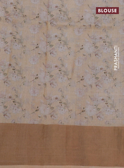 Pure tussar silk saree dark sandal with floral digital prints and zari woven border