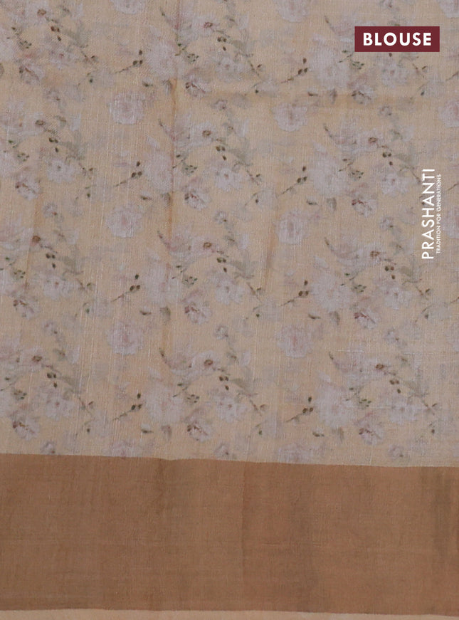 Pure tussar silk saree dark sandal with floral digital prints and zari woven border