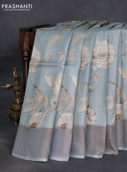 Pure tussar silk saree pastel grey with floral digital prints and zari woven border