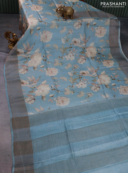 Pure tussar silk saree pastel grey with floral digital prints and zari woven border