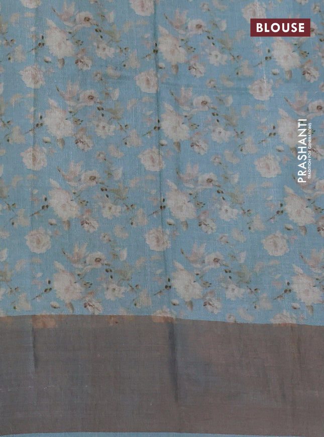 Pure tussar silk saree pastel grey with floral digital prints and zari woven border