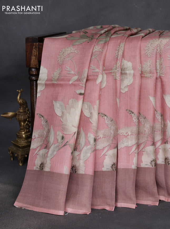Pure tussar silk saree pastel pink with floral digital prints and zari woven border