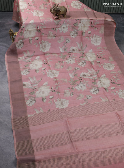 Pure tussar silk saree pastel pink with floral digital prints and zari woven border