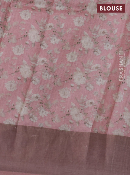 Pure tussar silk saree pastel pink with floral digital prints and zari woven border