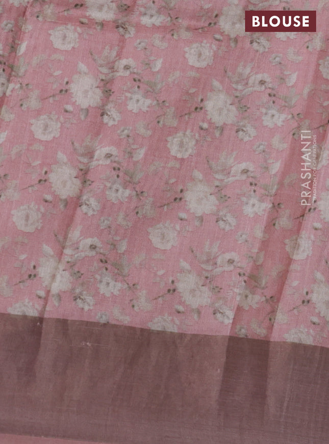 Pure tussar silk saree pastel pink with floral digital prints and zari woven border
