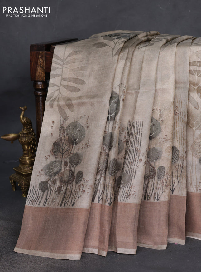 Pure tussar silk saree grey shade with digital prints and zari woven border