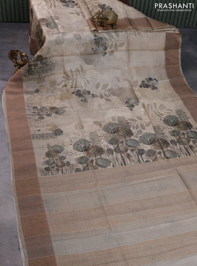 Pure tussar silk saree grey shade with digital prints and zari woven border