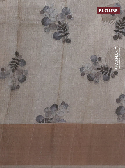 Pure tussar silk saree grey shade with digital prints and zari woven border