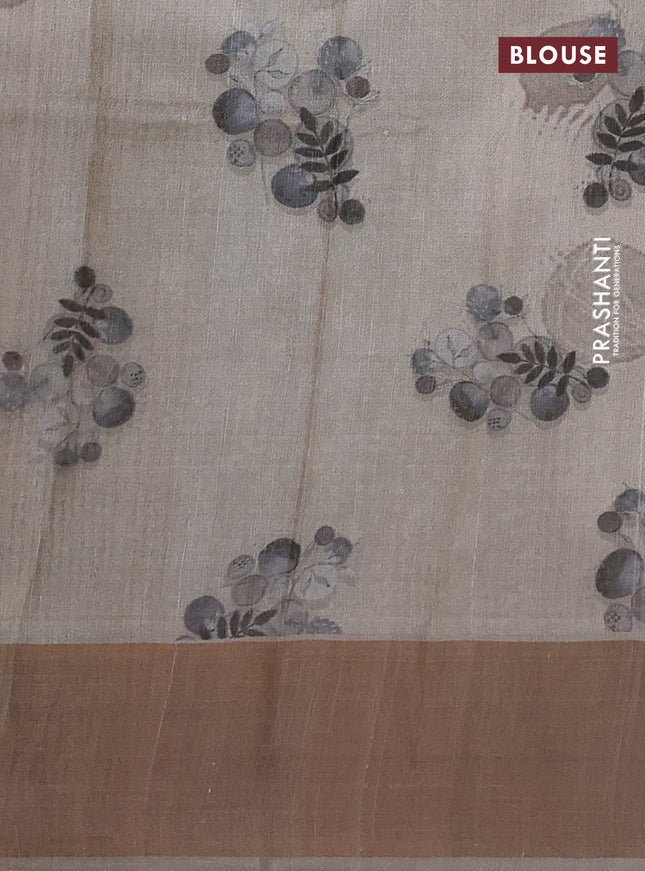 Pure tussar silk saree grey shade with digital prints and zari woven border