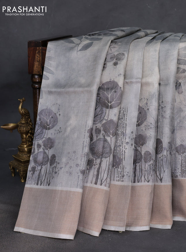 Pure tussar silk saree grey with digital prints and zari woven border