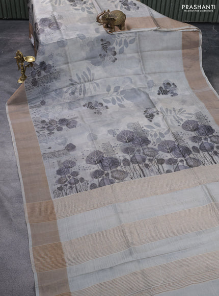 Pure tussar silk saree grey with digital prints and zari woven border