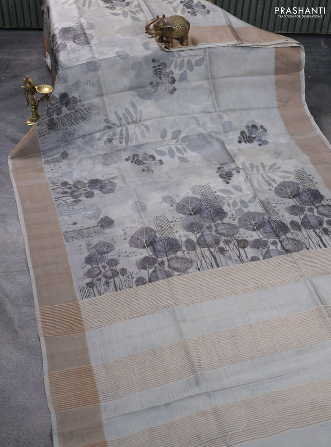 Pure tussar silk saree grey with digital prints and zari woven border