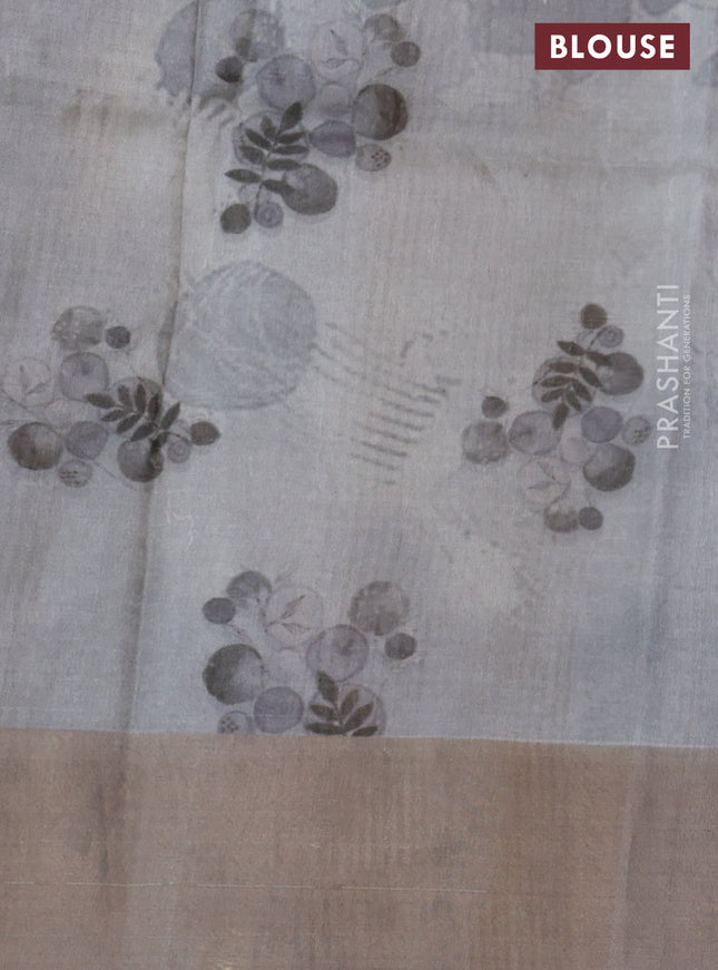 Pure tussar silk saree grey with digital prints and zari woven border