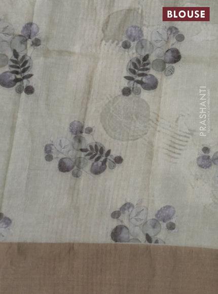 Pure tussar silk saree pastel green with digital prints and zari woven border