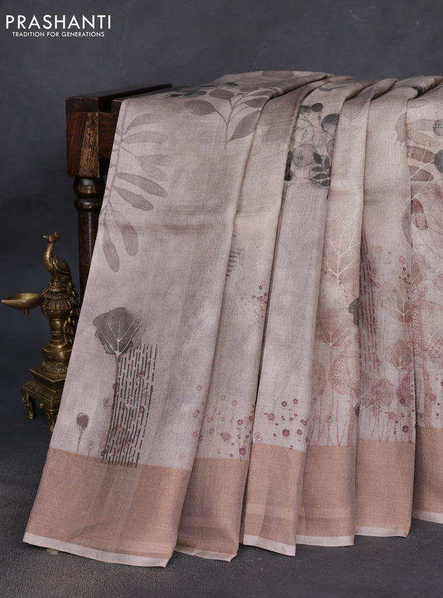 Pure tussar silk saree pastel brown with digital prints and zari woven border