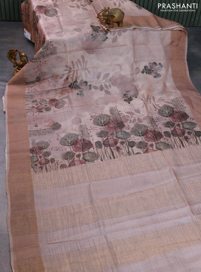 Pure tussar silk saree pastel brown with digital prints and zari woven border