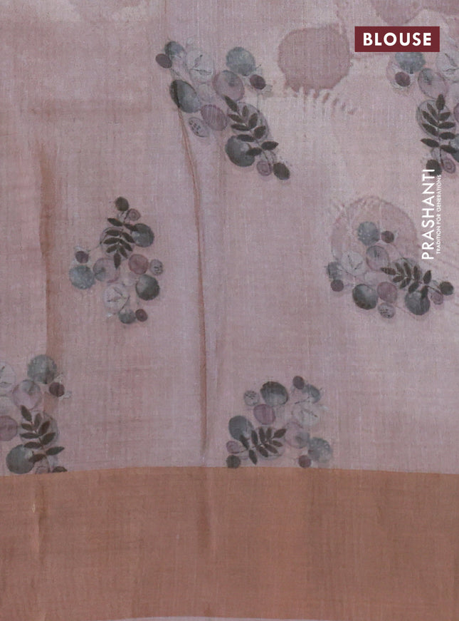 Pure tussar silk saree pastel brown with digital prints and zari woven border