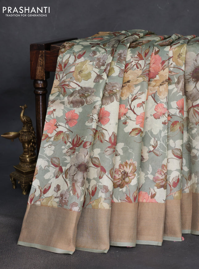 Pure tussar silk saree pastel green with floral digital prints and zari woven border