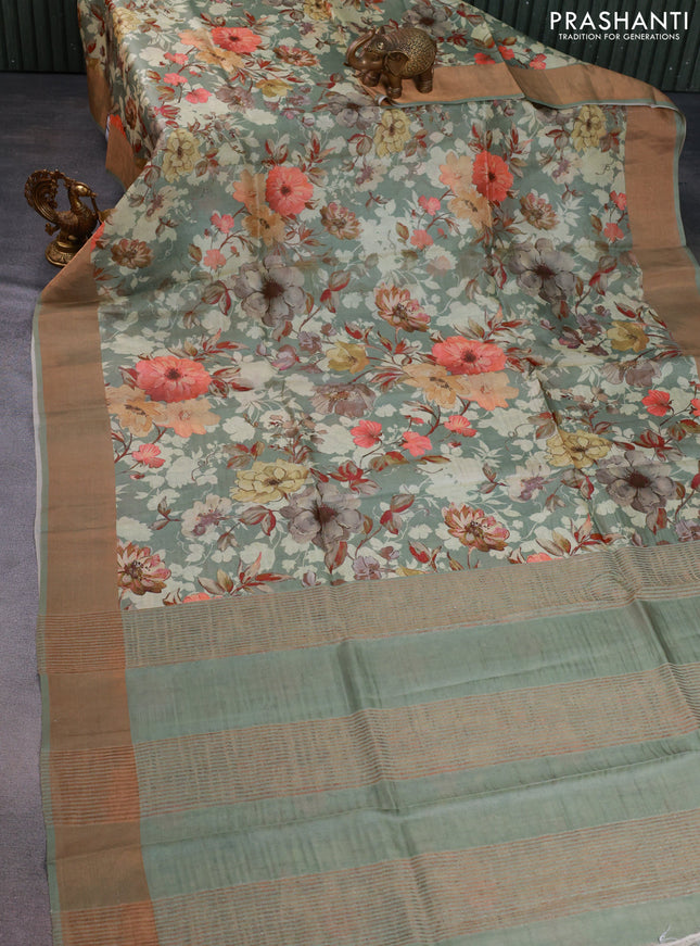 Pure tussar silk saree pastel green with floral digital prints and zari woven border