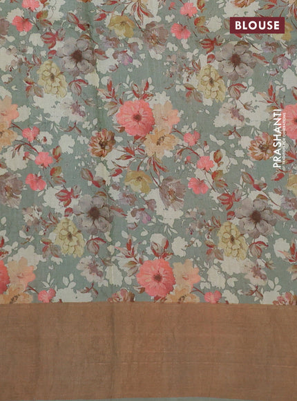 Pure tussar silk saree pastel green with floral digital prints and zari woven border