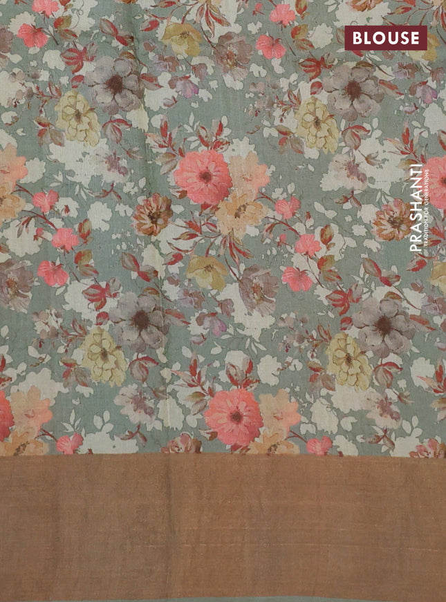 Pure tussar silk saree pastel green with floral digital prints and zari woven border
