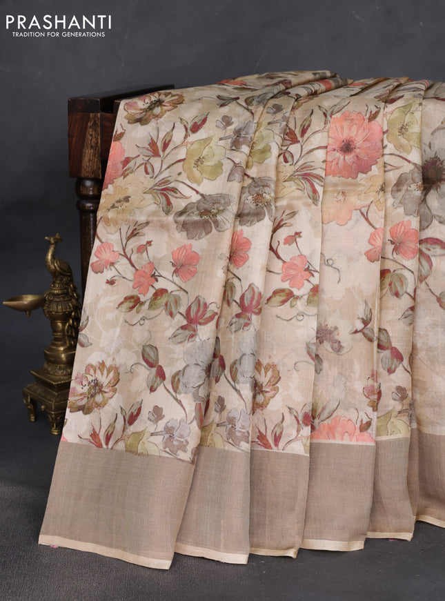 Pure tussar silk saree sandal with floral digital prints and zari woven border