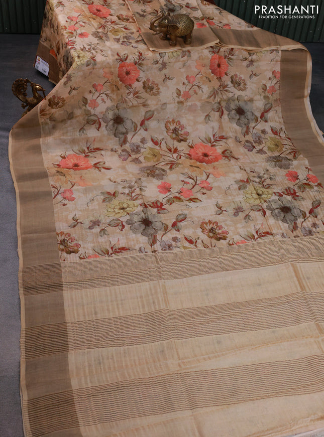 Pure tussar silk saree sandal with floral digital prints and zari woven border