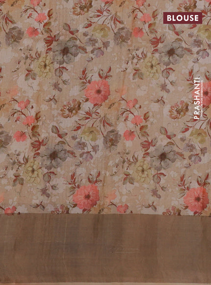 Pure tussar silk saree sandal with floral digital prints and zari woven border