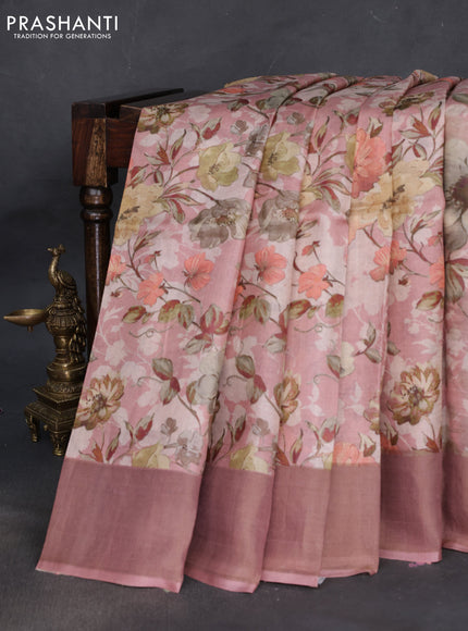 Pure tussar silk saree pastel pink with floral digital prints and zari woven border