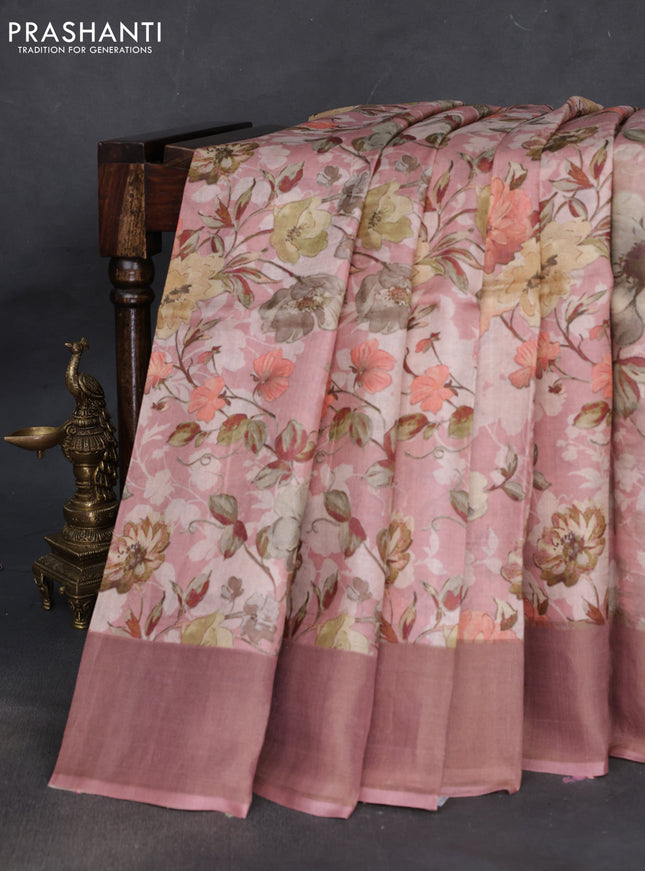 Pure tussar silk saree pastel pink with floral digital prints and zari woven border