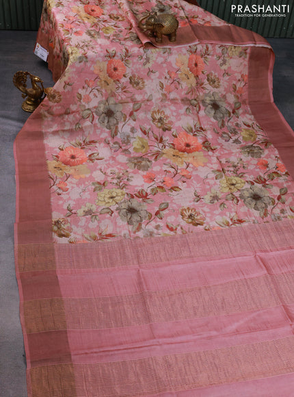Pure tussar silk saree pastel pink with floral digital prints and zari woven border