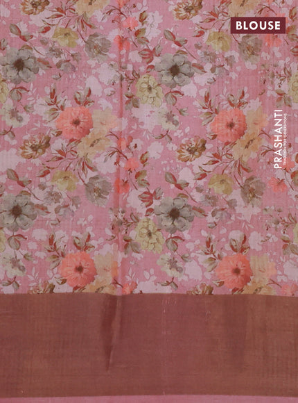 Pure tussar silk saree pastel pink with floral digital prints and zari woven border