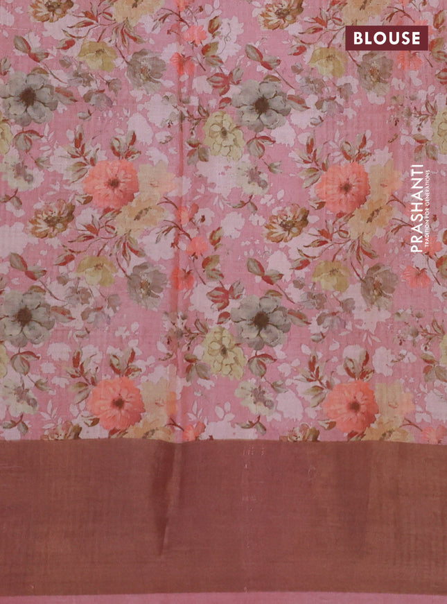 Pure tussar silk saree pastel pink with floral digital prints and zari woven border