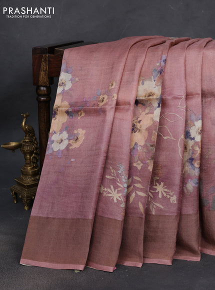 Pure tussar silk saree pastel pink with floral digital prints and zari woven border