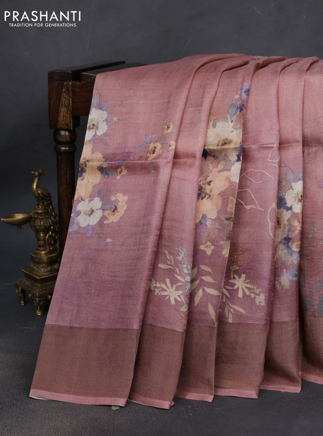 Pure tussar silk saree pastel pink with floral digital prints and zari woven border