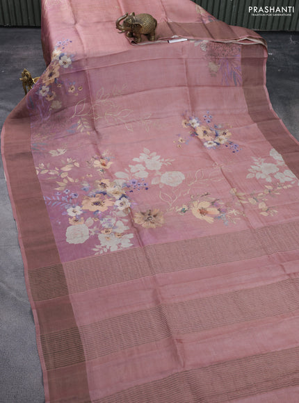 Pure tussar silk saree pastel pink with floral digital prints and zari woven border